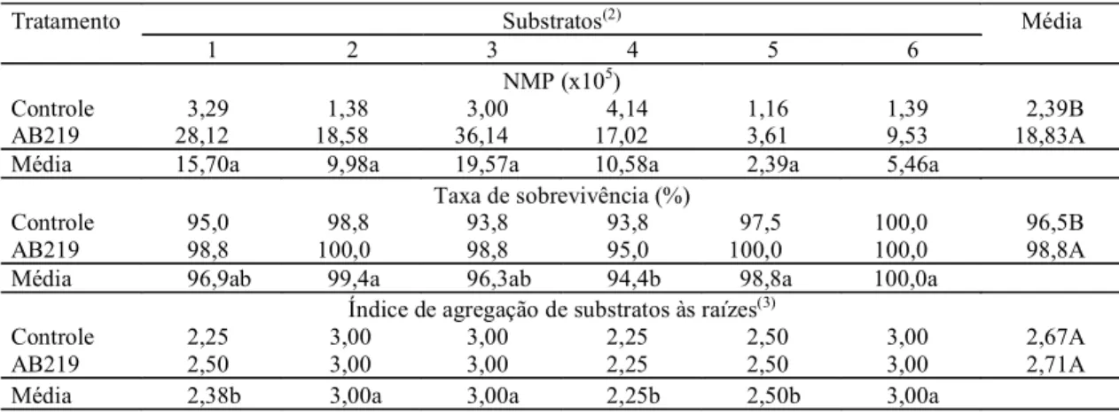 Tabela 2. Número mais provável (NMP) de bactérias diazotróficas associadas às raízes das mudas, taxa de sobrevivên- sobrevivên-cia das mudas e índice de agregação dos substratos às raízes dos abacaxizeiros Cayenne Champac submetidos à inoculação do isolado