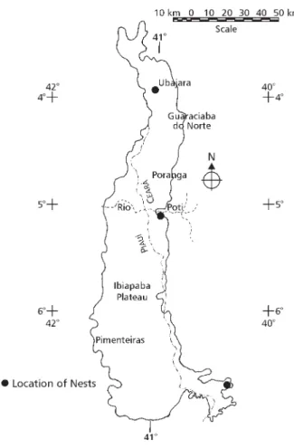 Fig. 3 — The Ibiapaba plateau and location of M. quinquefasciata nests. Source: Brasil (1981b).