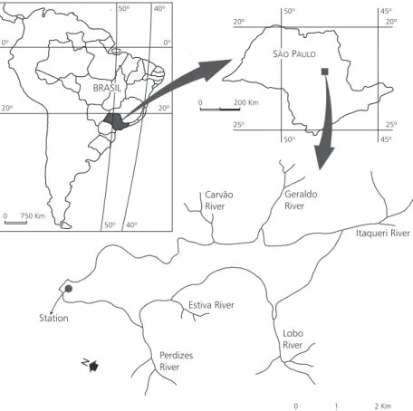 Fig. 1 — Morphology of Lobo (Broa) Reservoir located in São Paulo State, Brazil, and the site of sampling station.