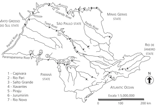 Fig. 1 —  Location of the reservoirs studied and also of other dams in the main hydrographic basins of São Paulo State (modified from Tundisi et al., 1988).