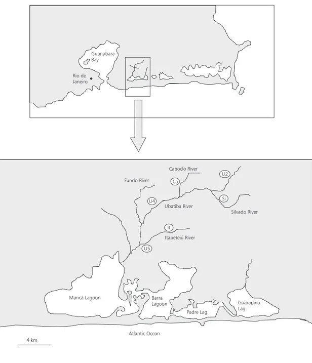 Fig. 1 — Geographical location of the Ubatiba River system showing the six sampling sites.Rio deJaneiroGuanabaraBayU4U5ItSiU2Ca