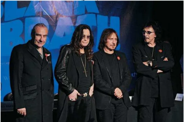 Figura 8 - A banda Black Sabbath em sua formação clássica e em foto atual (2013)  – da esquerda  para a direita Bill Ward (bateria), Ozzy Osborne (vocal), Geezer Butler (baixo) e Tommy Iommi 