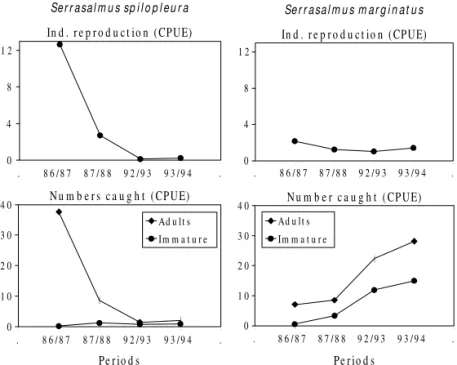 Fig. 3 — Capture per unit effort of individuals in reproduction, and individuals adults and immature of Serrasalmus spilopleura and S