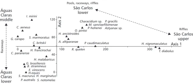 Fig. 2 — Detrended correspondence analysis plot of fish species abundance from the stretches sampled in the Águas Claras and São Carlos streams, southeastern Brazil (eigenvalues: axis 1 = 0.766, axis 2 = 0.110).