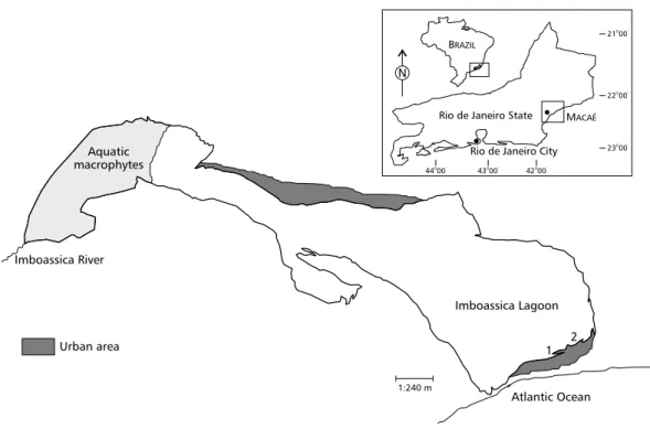 Fig ig ig ig ig. 1 — . 1 — . 1 — . 1 — . 1 — Location of Imboassica Lagoon and sampling stations (1 and 2).