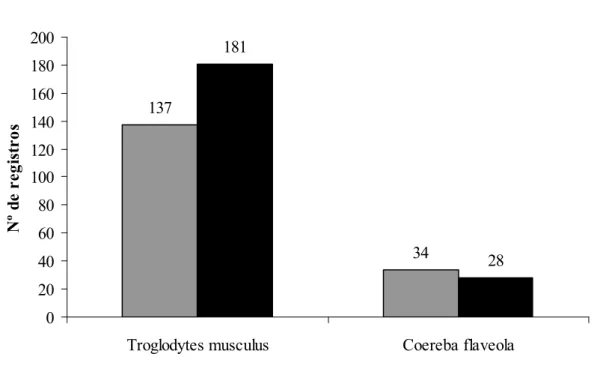 Figura 9. Variação nos números de registros de Troglodytes musculus e Coereba flaveola (espécies residentes) entre os períodos seco (cinza) e chuvoso (preto)