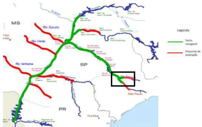Figura 1: Hidrovia Tietê-Paraná com propostas de ampliação, com destaque para a região de estudo  (retângulo preto)