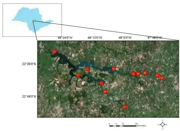Figura  2-Localização  das  paisagens  onde  foi  realizado  estudo  sobre  efeito  de  variáveis  locais  e  da  paisagem sobre avifauna em ambientes de matas ciliares e vegetação aquática, São Paulo, Brasil