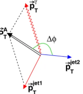 FIG. 2 (color online). Diagram showing the p T vectors of the 
 þ leading jet system and ~p jet2T in 
 þ 2 jet events.