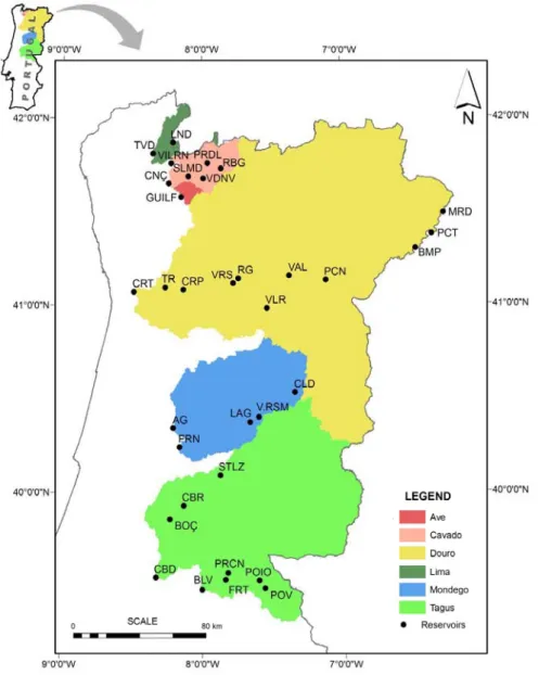 Figure  1.  Location  of  the  34  reservoirs  studied  and  their  distribution  through  six  catchments:  Ave,  Cávado,  Mondego,  and  the  Portuguese  part  of  the  international  basins  of  Lima,  Douro  and  Tagus