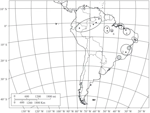 Figure 1. Geographical regions sampled for B. variegatus. Circles represent populations considered in genetic differentia- differentia-tion tests
