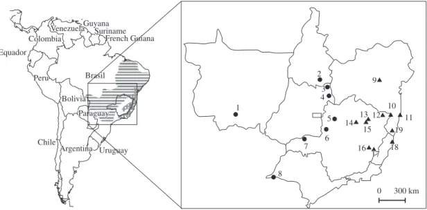 Figure 1. Proposed geographic distribution for T. ambiguus (vertical hatching) and T. pelzelni (horizontal hatching) (Isler  et al., 1997) and approximate location of the sampling areas in the present study