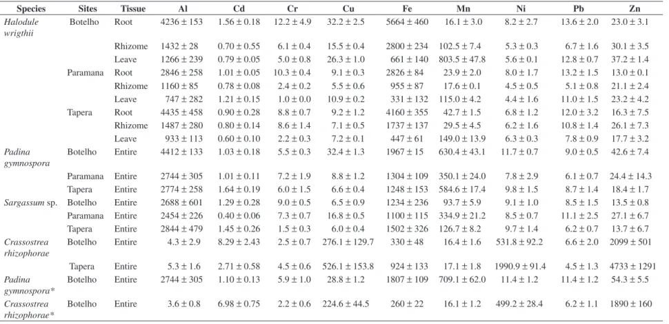 Table 1. Mean (± standard deviation) metal concentrations (μg.g -1  dry weight) in seagrass (H
