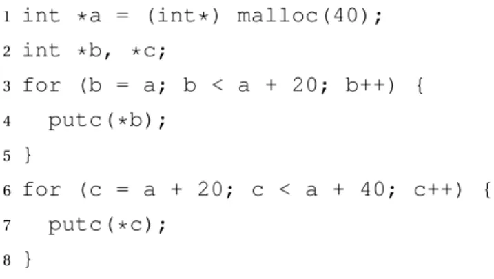 Figure 2.2: Variables a and b are aliases, while b and c are not aliases.