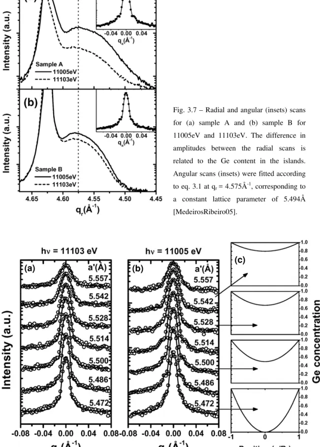 Fig. 3.8 – Angular scans performed on sample B Ge domes. In (a) and (b) the fits were done using eq