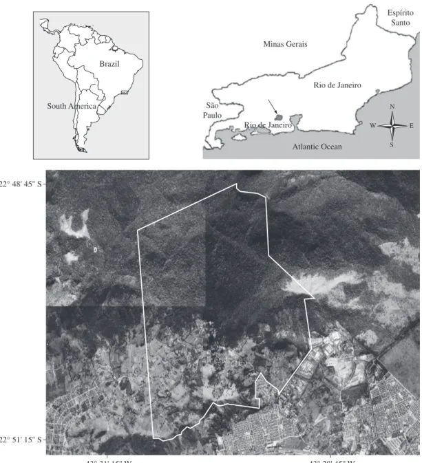 Figure 1. Location of the study area of Serra do Mendanha and limits of the Serra do Mendanha Natural Park in Rio de  Janeiro State, southeastern Brazil.