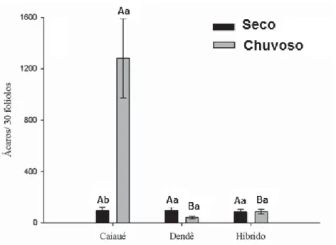 Figura 2. Densidade de ácaros em geral (média±EP) entre as duas épocas (período  seco e período chuvoso) na palma de óleo