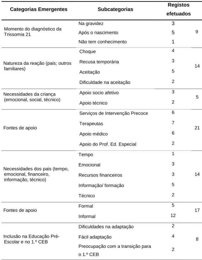 Tabela 6. Registos efetuados em cada subcategoria. 