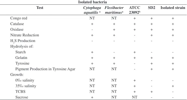 Table 1. Biochemical characteristics of filamentous bacteria isolated in Litopenaeus vannamei hatchery and reference strains