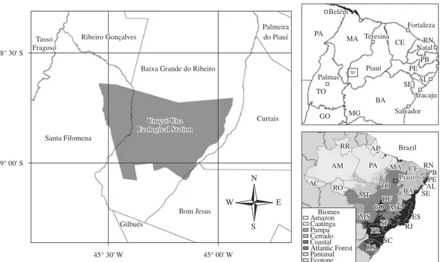 Figure 1. Location of the Uruçuí-Una Ecological Station in: a) Piauí’s Southwest on the left; Brazil’s Northeast on the upper  right; and Brazil on the lower right (adapted from IBAMA, 2004).