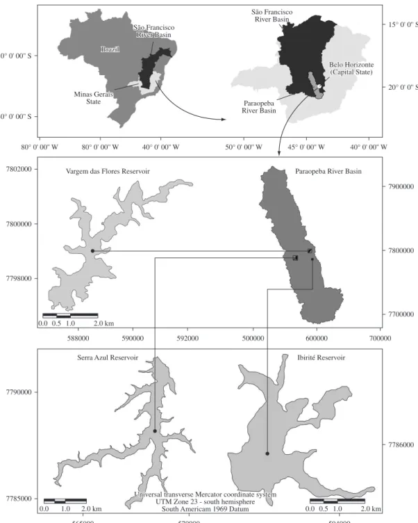 Figure 1. Map of the Serra Azul, Vargem das Flores, and Ibirité reservoirs, located in the basin of the Paraopeba  River, Minas  Gerais.
