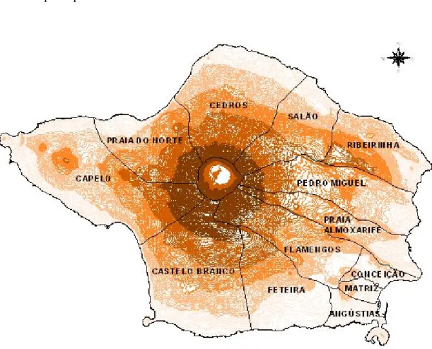 Figura 3.1– Freguesias da ilha do Faial, representado com linhas de altimetria 