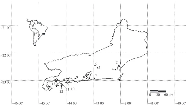 Figure 1. Location of the roosts of Phyllostomus hastatus analysed from 1998 to 2009 in Rio de Janeiro State