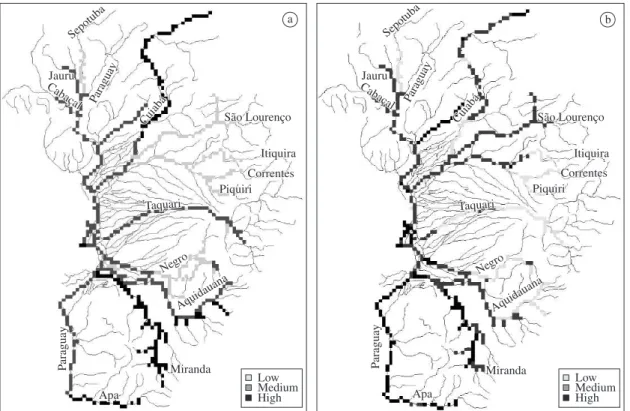 Figure 6. Predicted potential geographic distribution of L. fortunei in the UPB based on the Maxent model using Pantanal  occurrence data