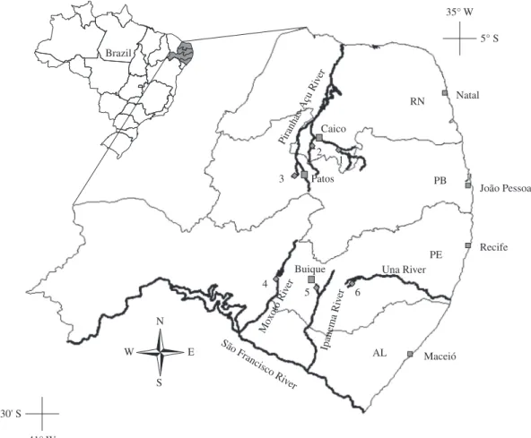 Figure 1. Study area showing the states of Rio Grande do Norte (RN), Paraíba (PB), Pernambuco (PE) and Alagoas (AL),  major river systems and sampling sites in the semi-arid region of Brazil
