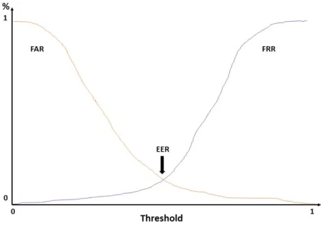 Figure 4.3: DET plot, represented by FAR (curve on green) and FRR (curve on red). EER is the intersection between the curves.
