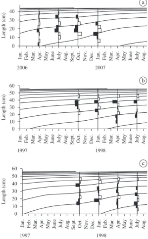Figure 5. Growth curves of a)  Cichla  kelberi (Leme, SP),  b) Cichla kelberi e c) Cichla piquiti (Volta Grande  Reservoir,  SP-MG)  restructured  for  frequency  of  total  length,  made  calculations through the system ELEFAN I (package  com-putational F