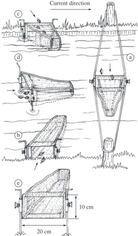 Figure 1. Position of the four traps used to sample: a) aerial  vertical-input, b) right and c) left lateral-input, d) drift  hor-izontal-input