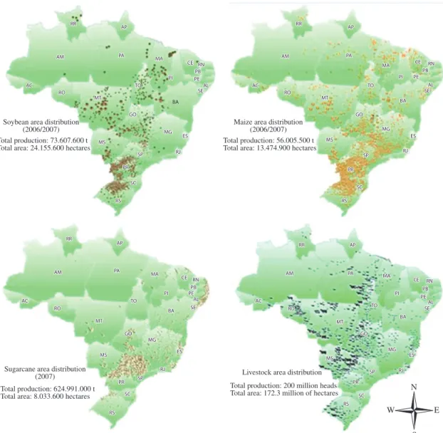 Figure 1. Spatial distribution, total production and cultivated area (hectares) of the main agricultural activities: soybean, maize,  sugarcane and pasture (livestock) in Brazil