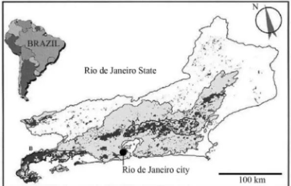 Figure 1 - Map of Rio de Janeiro State. Light grey areas in- in-dicate original limits of the Atlantic rainforest and dark grey areas indicate forest remnants