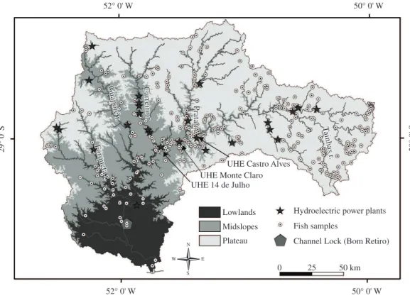 Figure 2. Locations of fish sample sites (n = 519; circles may represent more than one site) in the Taquari-Antas basin, and  position of the hydroelectric power plants (&gt;0.5 MW) in operation or in different construction stages in early 2011 (black  squ