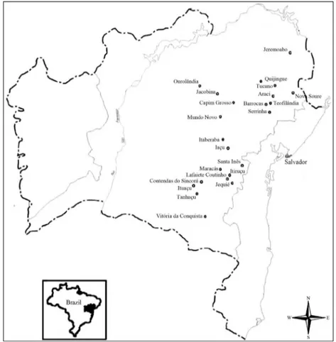 Figure 1 - Location of municipalities in semi-arid Bahia state, Brazil, where specimens of Melipona quadrifasciata anthidioides were collected