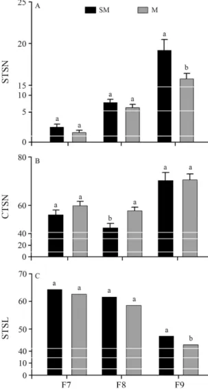 Figure 3 - Antennal sensilla counts for areas (14.870 mm 2 / flagellomere) and lengths of the flagellomeres (F7, F8, and F9) in A