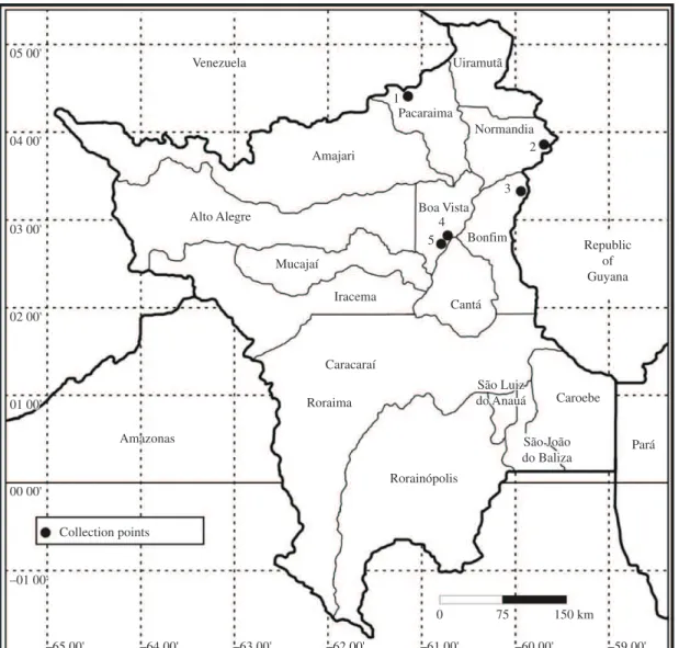 Figure 1. Map of the State of Roraima indicating the points in each municipality* and host plants where Maconellicoccus  hirsutus (Green, 1908) was collected.