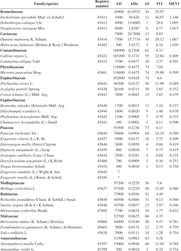 Table 1. Phytosociological characterisation of a caatinga herbaceous community in a crystalline basement area, Petrolândia,  Pernambuco, Brazil, with families ranked by decreasing values of the importance value index