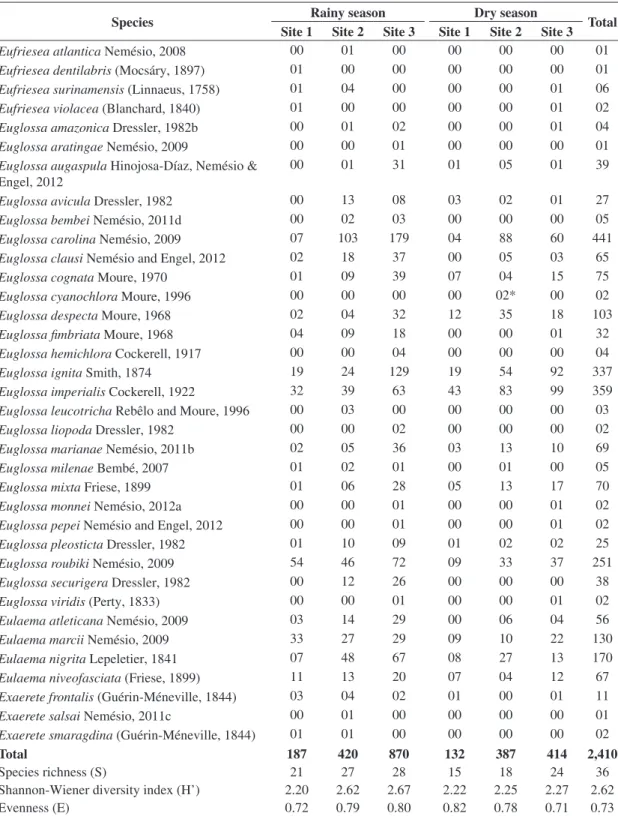 Table 1. Diversity, evenness, species richness and number of specimens of each orchid-bee species collected at sites 1 to 3 at  the ‘Parque Nacional do Monte Pascoal’, state of Bahia, eastern Brazil, in rainy and dry seasons after 20 hours of sampling  in 
