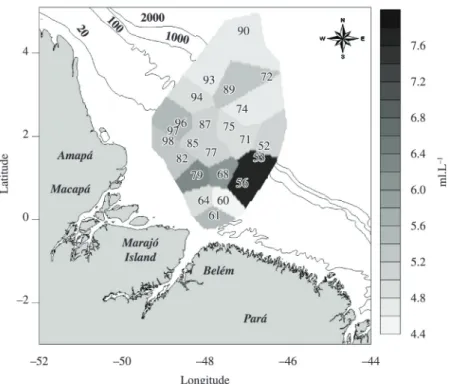 Figure 4. Variation of dissolved oxygen (ml.L -1 ) in neritic and oceanic provinces of Amapá and Pará states during the Norte  IV Operation, REVIZEE programmeme.
