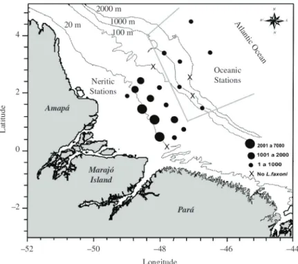 Figure 6. Density variation of L. faxoni at sampling stations during the North IV Operation, REVIZEE programme.