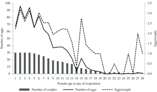 Figure 3 shows the pace of oviposition of the laboratory- laboratory-reared females. They started laying on the 6 th  day of adult  age and continued doing so until the 38 th  day, with a decline  in egg production as of the 19 th  day, although there were