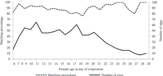 Figure 4. Hatching percentage of nymphs and number of eggs laid by laboratory-reared Chelopistes meleagridis females in  relation to female age on the day of oviposition