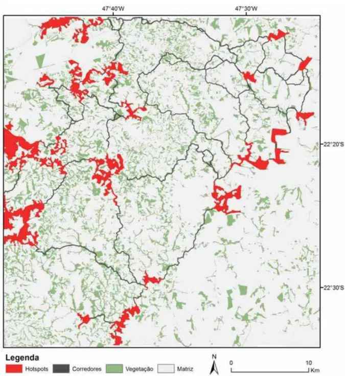 Figura 4. Reclassificação em floresta e matriz com os HSC (em vermelho) e potencias corredores  ecológicos a serem mantidos ou restaurados para aumentar a conectividade da região Rio Claro,  SP, Brasil
