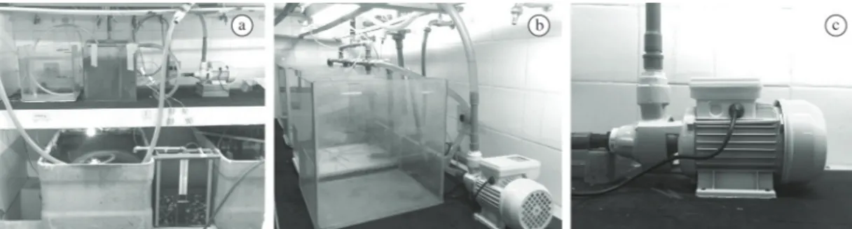 Figure 1.  Mill developed for closed circulation of water and maintenance of the turbidity of the experiment: (a) hydraulic  assembly; (b) detail of pipe connections; (c) pump used in the experiment.