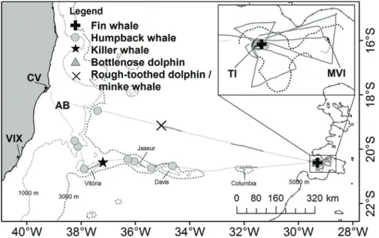 Figure 1. Cetacean sightings during the expedition to the Vitória-Trindade seamounts in the winter of 2010
