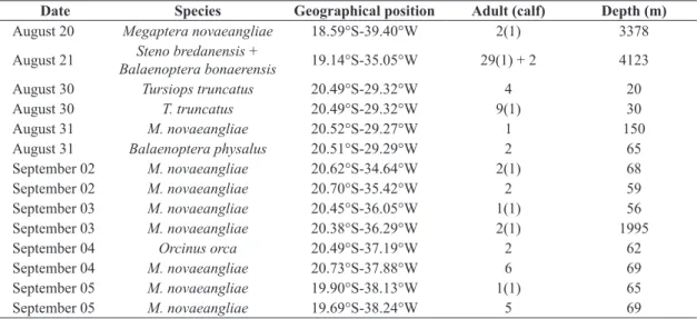 Table 1. Groups of identified cetaceans observed during the expedition to the Vitória-Trindade seamounts in the winter of  2010.