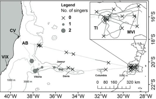 Figure 2. Acoustic stations (n = 28) of the expedition to the Vitória-Trindade seamounts in the winter of 2010