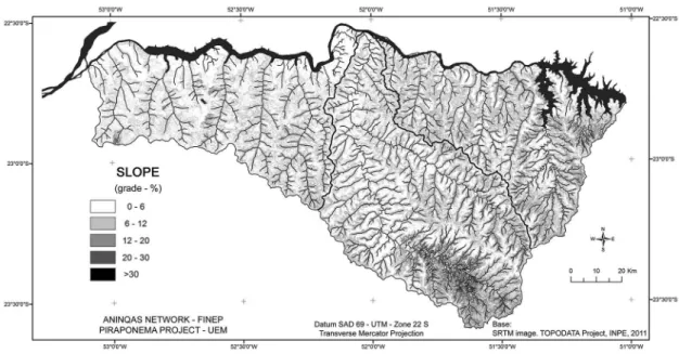 Figure 4.  Map of slopes of the Pirapó, Paranapanema 3 and 4 Hydrographic Unit.